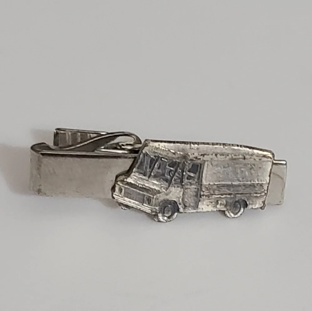 Mens mail delivery truck tie money clip vintage silver very detailed estate